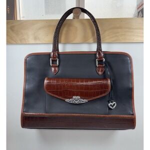 VTG Brighton April Heart Briefcase Work Bag Handbag Blk Brown Croc Leather Offic